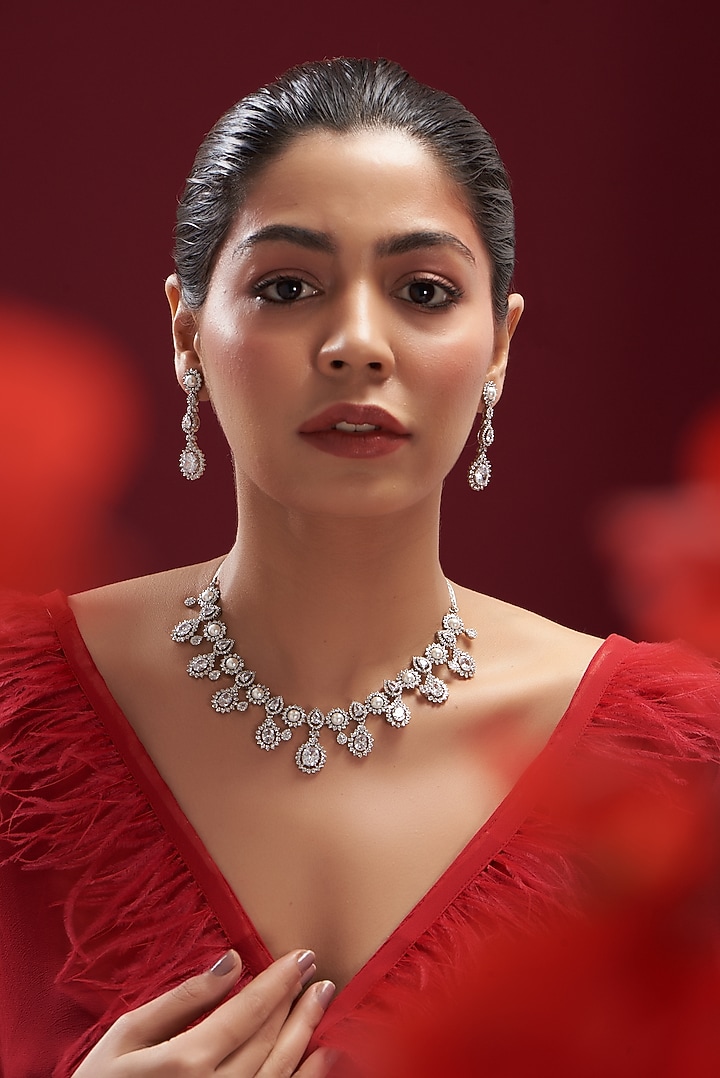 White Finish Faux Diamond Necklace Set by Aster at Pernia's Pop Up Shop