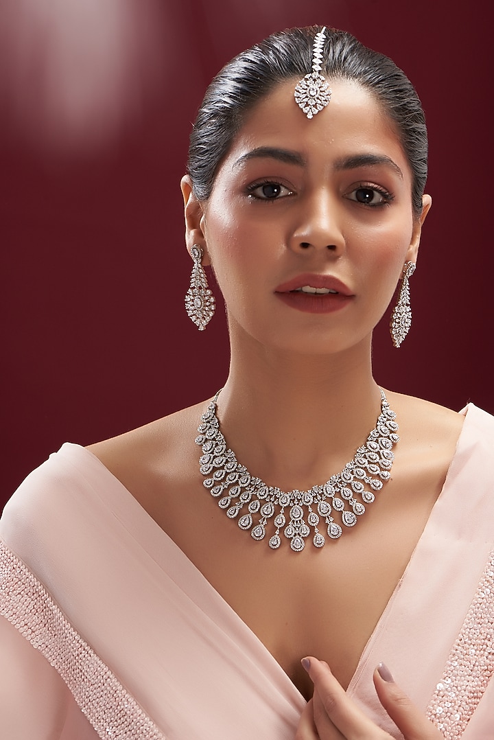 White Finish Faux Diamond Necklace Set by Aster at Pernia's Pop Up Shop