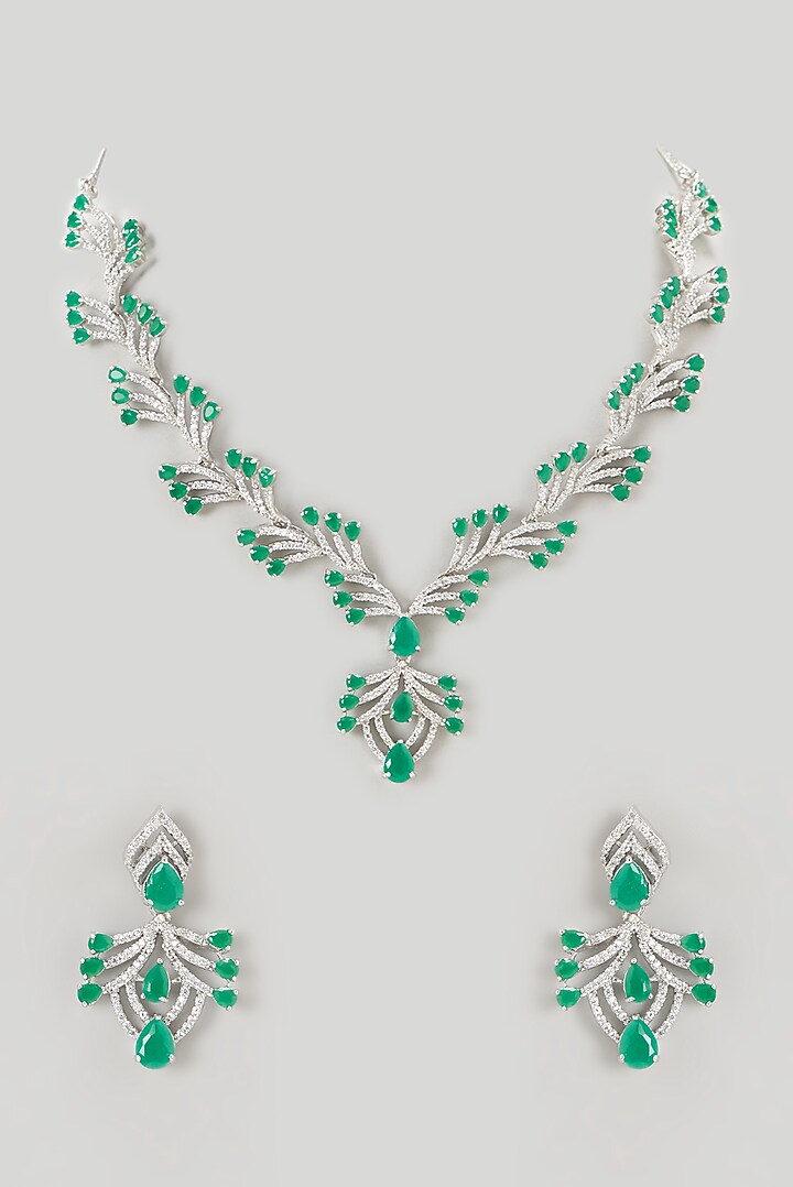 White Finish Faux Diamond & Emerald Necklace Set by Aster at Pernia's Pop Up Shop