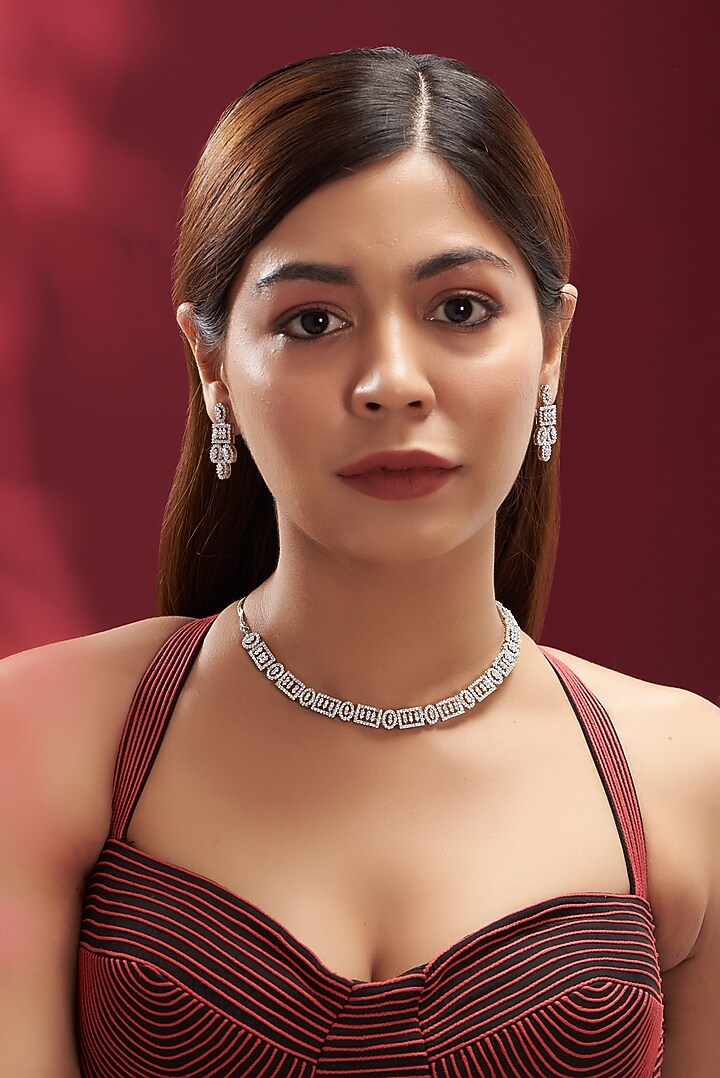 White Finish Faux Diamond Necklace Set by Aster at Pernia's Pop Up Shop