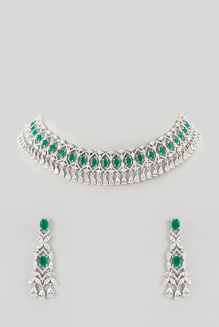 White Finish Faux Diamond & Emerald Necklace Set by Aster at Pernia's Pop Up Shop