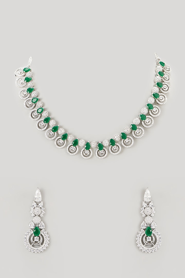 White Finish Faux Diamond & Emerald Synthetic Stone Necklace Set by Aster at Pernia's Pop Up Shop