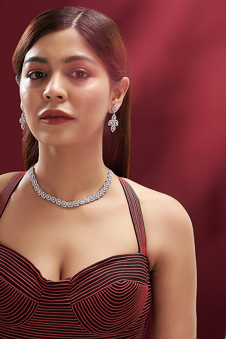 White Finish Faux Diamond Necklace Set by Aster at Pernia's Pop Up Shop