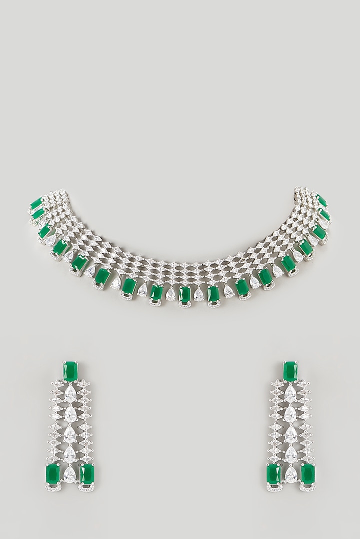 White Finish Faux Diamond & Emerald Synthetic Stone Necklace Set by Aster at Pernia's Pop Up Shop