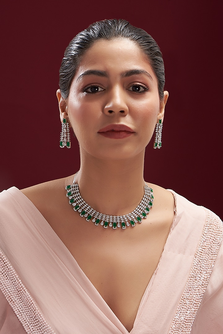 White Finish Faux Diamond & Emerald Synthetic Stone Necklace Set by Aster at Pernia's Pop Up Shop