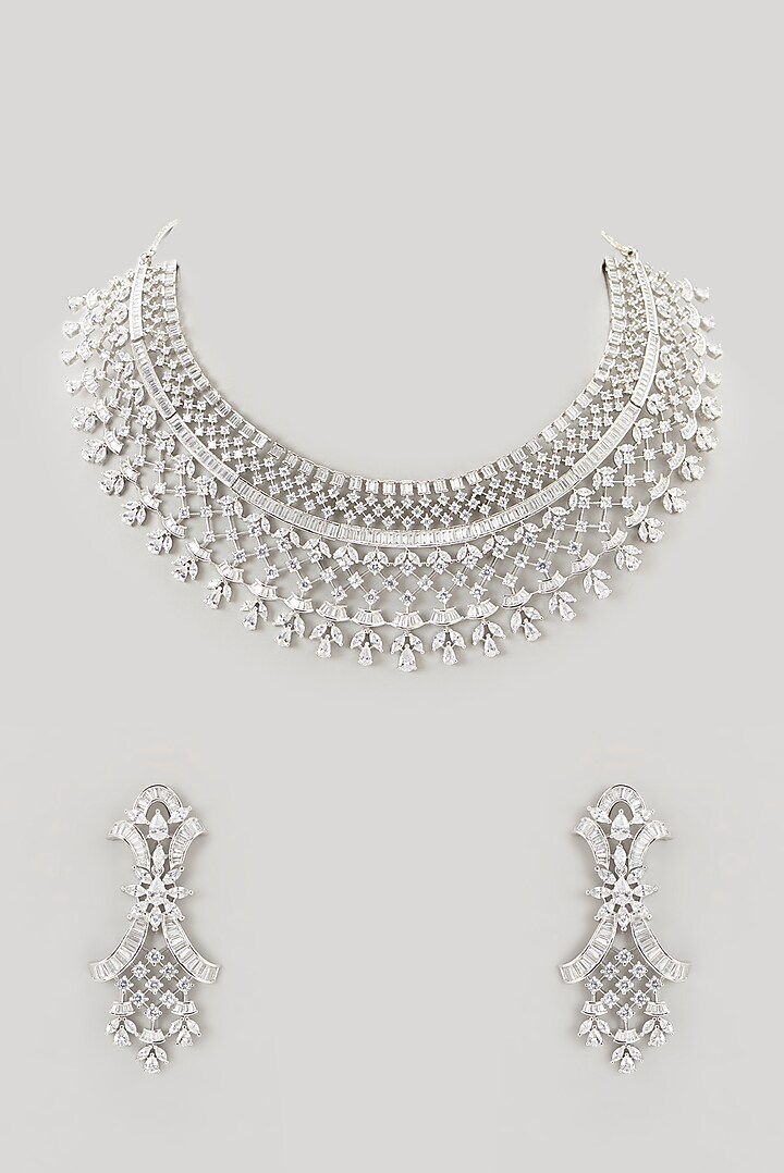 White Finish Faux Diamond Choker Necklace Set by Aster at Pernia's Pop Up Shop