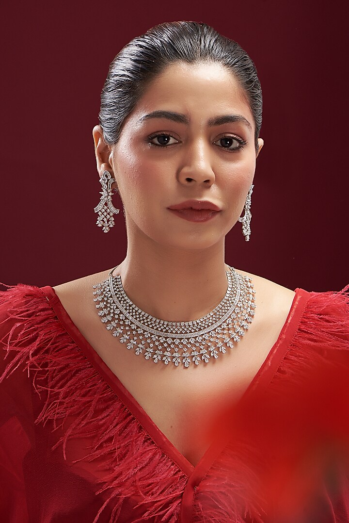 White Finish Faux Diamond Choker Necklace Set by Aster at Pernia's Pop Up Shop