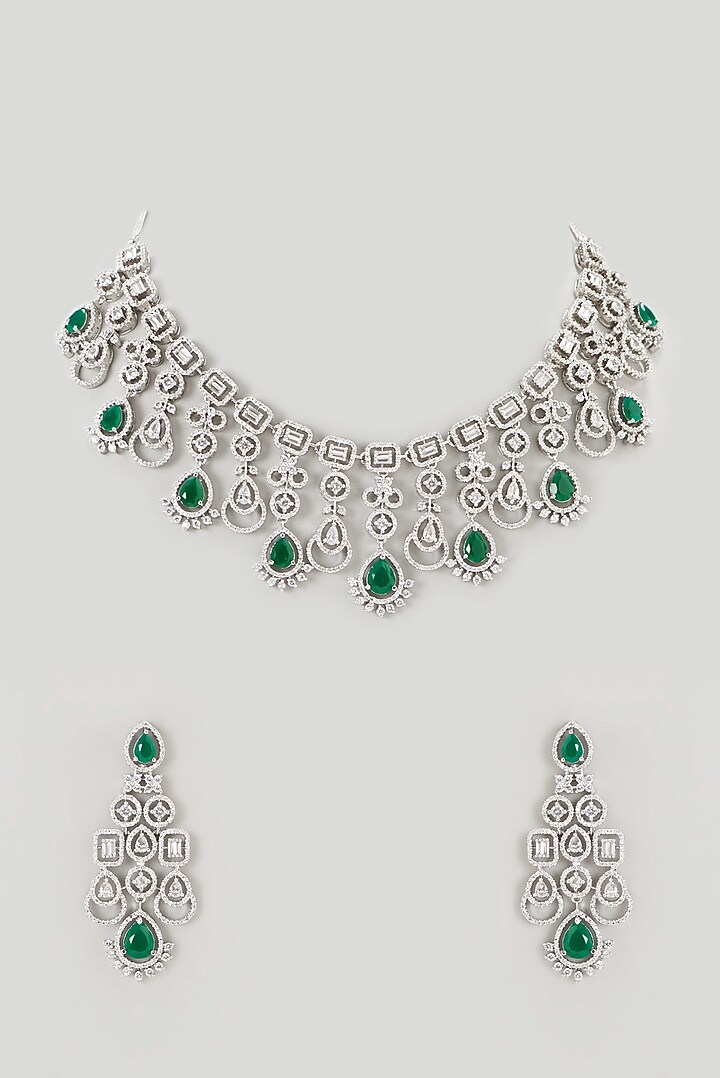White Finish Faux Diamond & Emerald Synthetic Stone Necklace Set by Aster at Pernia's Pop Up Shop