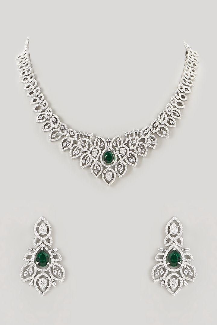 White Finish Faux Diamond & Emerald Synthetic Stone Necklace Set by Aster at Pernia's Pop Up Shop