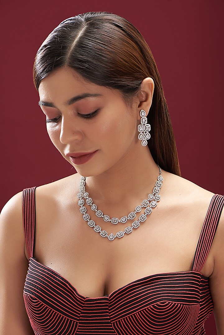 White Finish Faux Diamond Layered Necklace Set by Aster at Pernia's Pop Up Shop