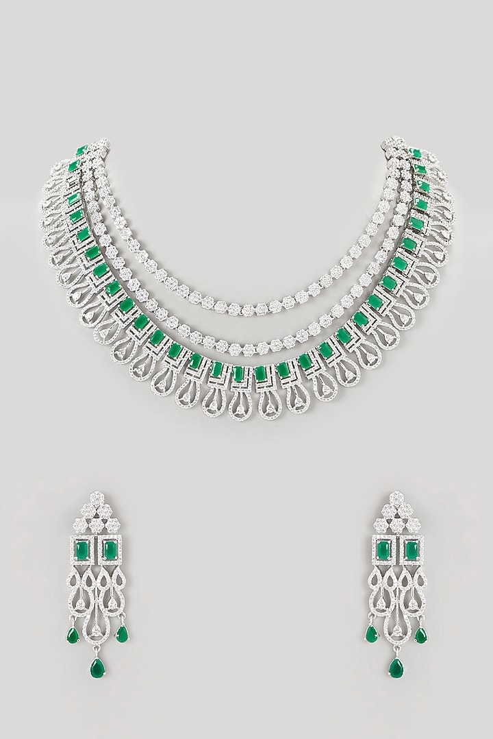 White Finish Zircon & Emerald Stone Layered Necklace Set by Aster at Pernia's Pop Up Shop