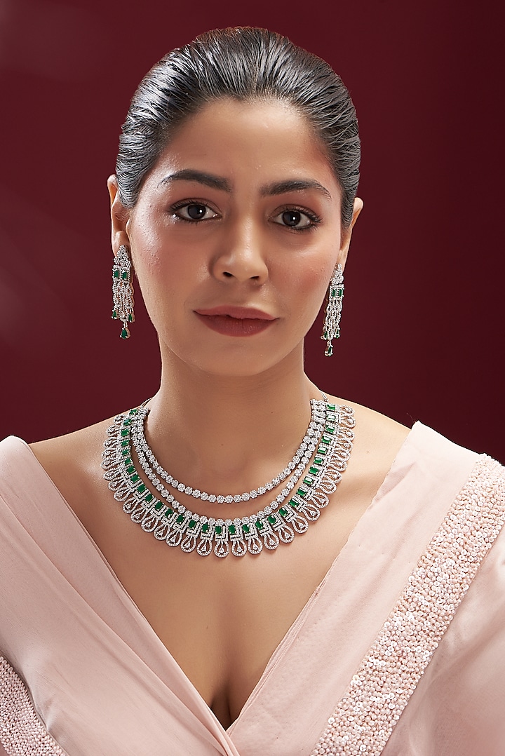 White Finish Zircon & Emerald Stone Layered Necklace Set by Aster