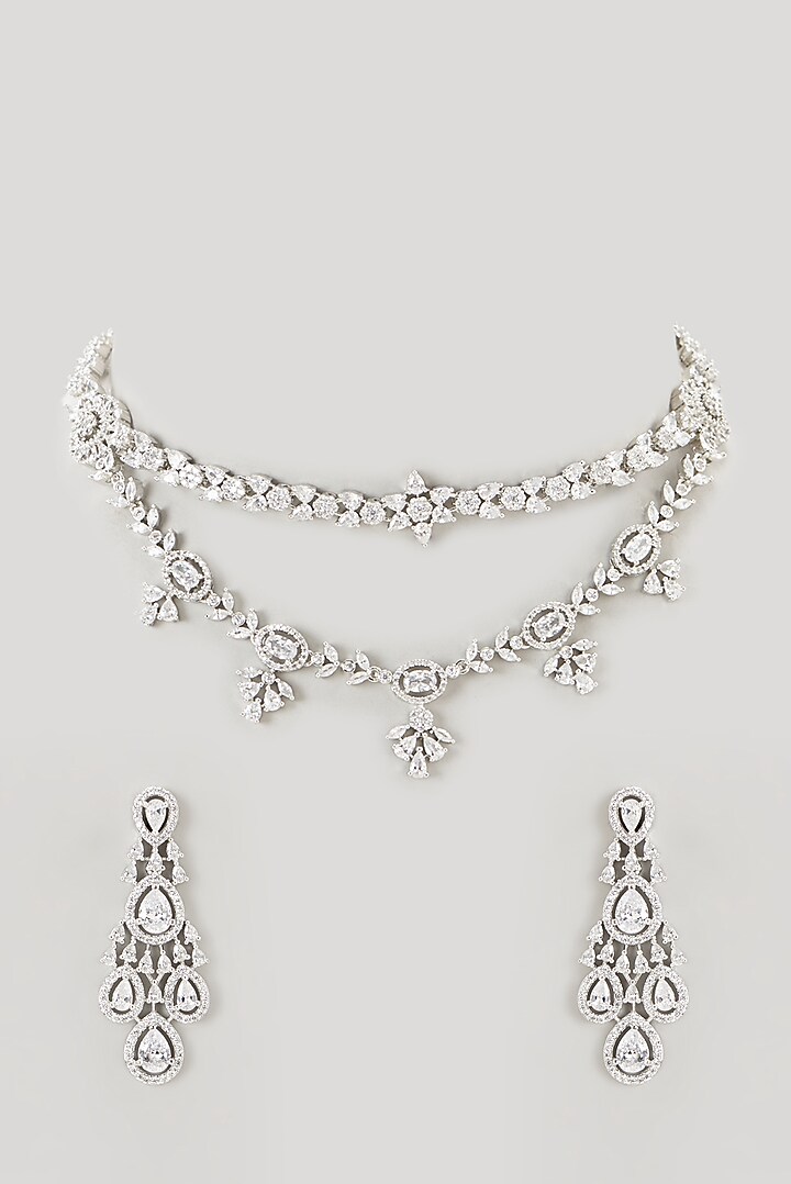 White Finish Faux Diamond Layered Necklace Set by Aster at Pernia's Pop Up Shop