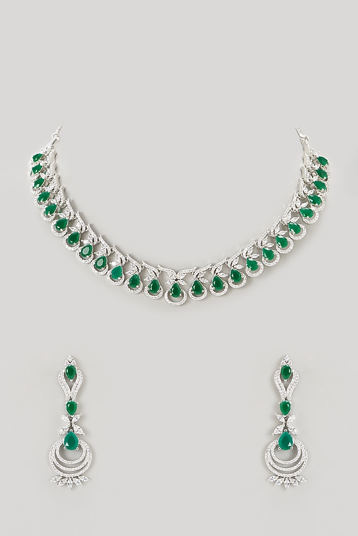 White Finish Faux Diamond & Emerald Synthetic Stone Necklace Set by Aster at Pernia's Pop Up Shop