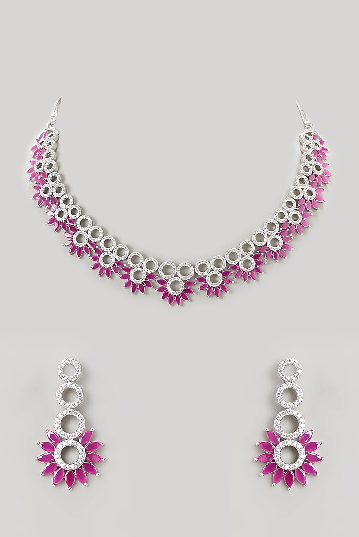 White Finish Faux Diamond & Ruby Synthetic Stone Necklace Set by Aster at Pernia's Pop Up Shop
