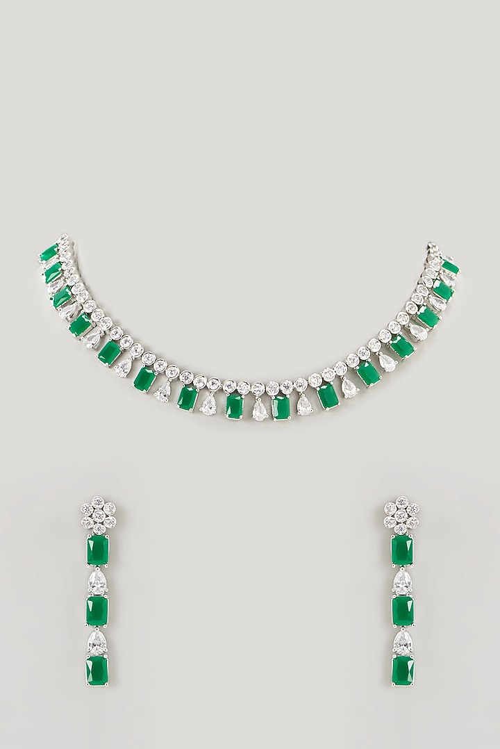 White Finish Faux Diamond & Emerald Synthetic Stone Necklace Set by Aster at Pernia's Pop Up Shop