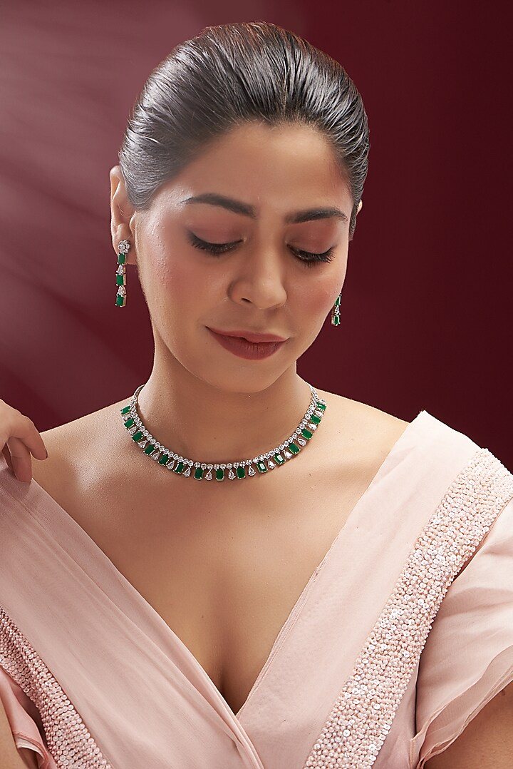 White Finish Faux Diamond & Emerald Synthetic Stone Necklace Set by Aster at Pernia's Pop Up Shop