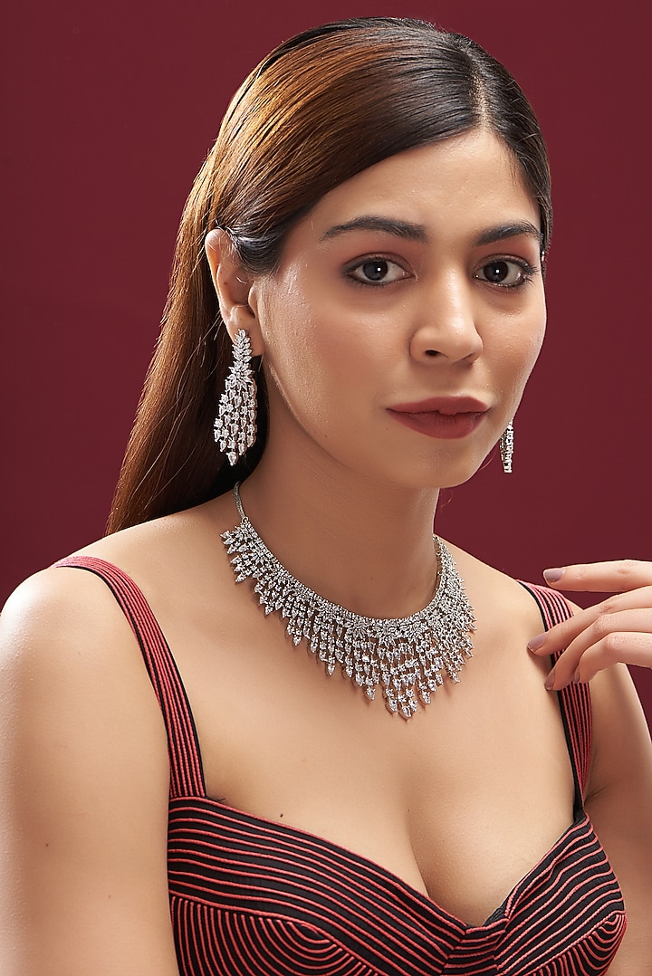 White Finish Faux Diamond Necklace Set by Aster at Pernia's Pop Up Shop