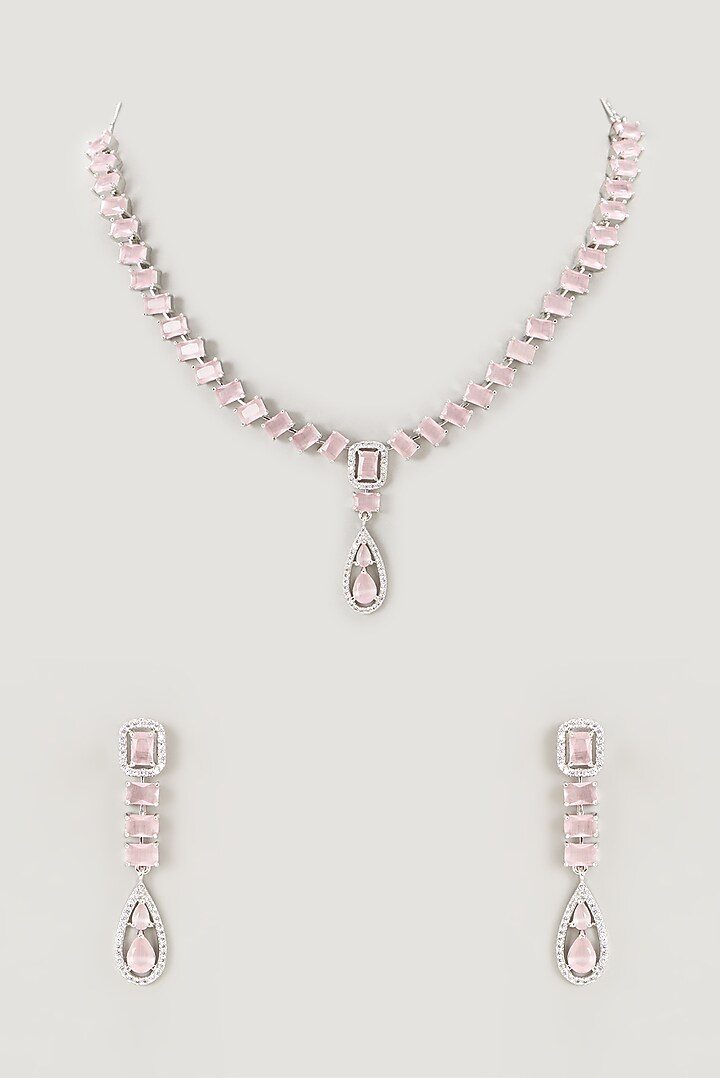 White Finish Faux Diamond & Pink Stone Necklace Set by Aster at Pernia's Pop Up Shop