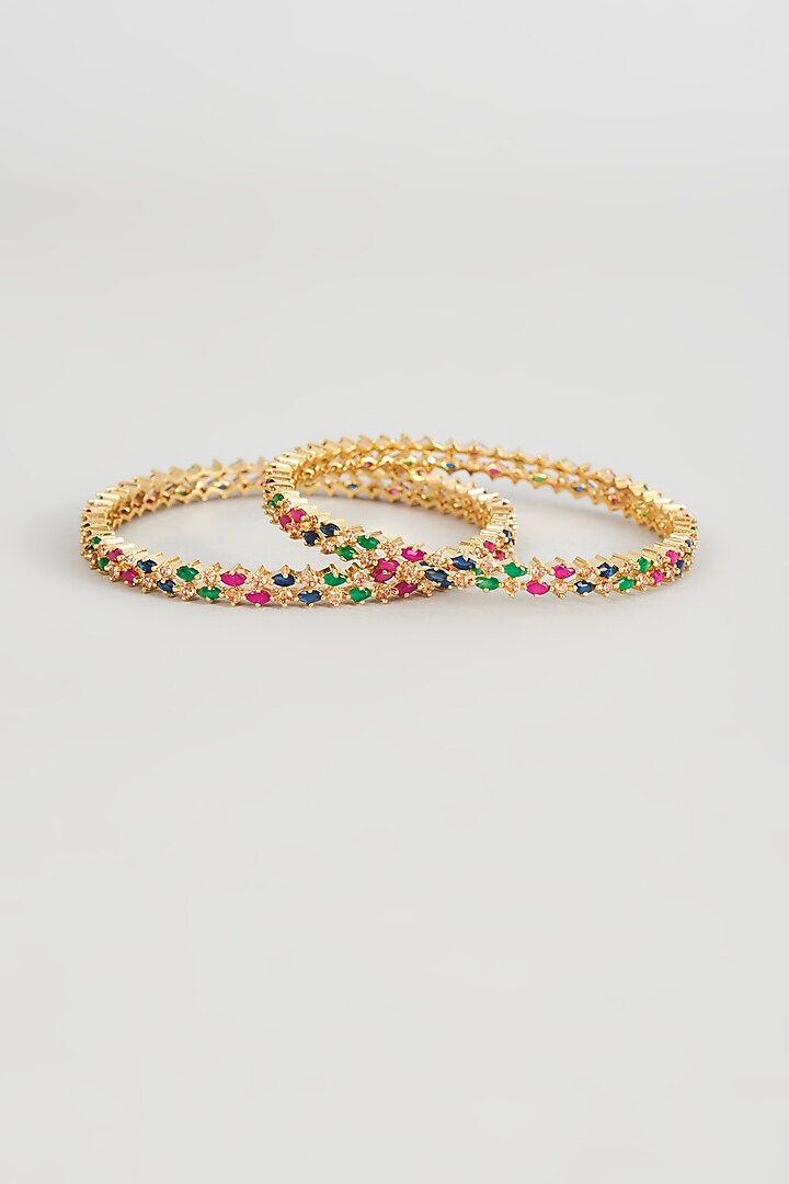 Gold Finish Multi-Colored Zircon Bangles (Set of 2) by Aster at Pernia's Pop Up Shop