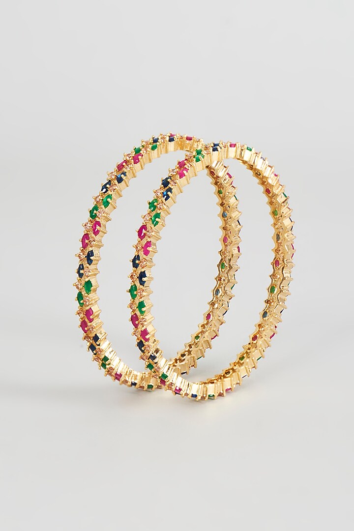 Gold Finish Multi-Colored Zircon Bangles (Set of 2) by Aster at Pernia's Pop Up Shop