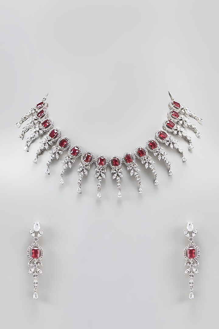 White Finish Zircon & Ruby Stone Necklace Set by Aster at Pernia's Pop Up Shop