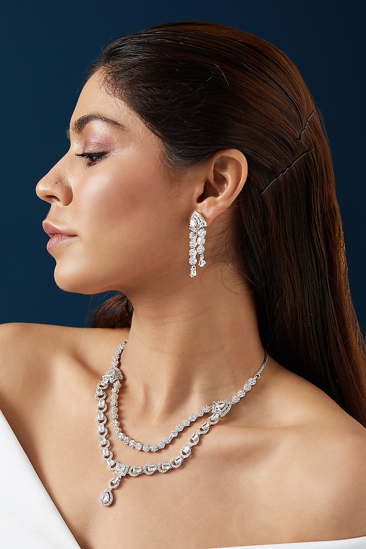 White Finish Zircon Layered Necklace Set by Aster