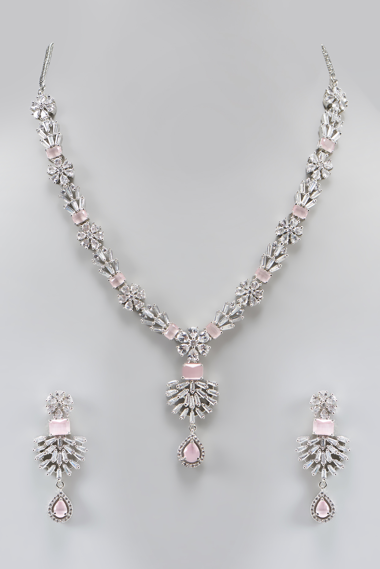 White Finish Faux Diamond Necklace Set by Aster