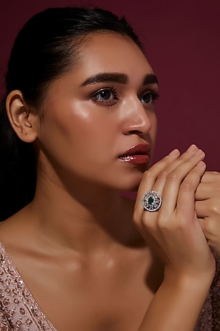 White Finish Zircon & Green Stone Ring by Aster