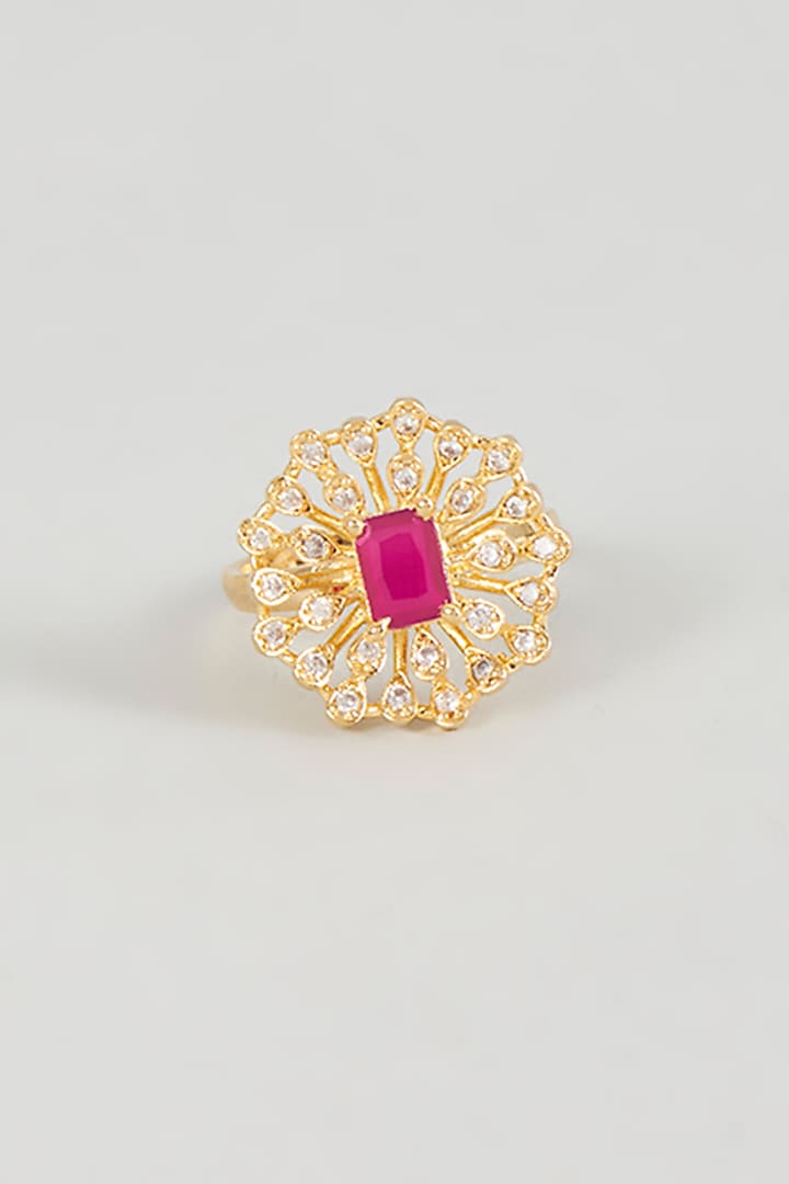 Gold Finish Zircon & Red Stone Ring by Aster at Pernia's Pop Up Shop