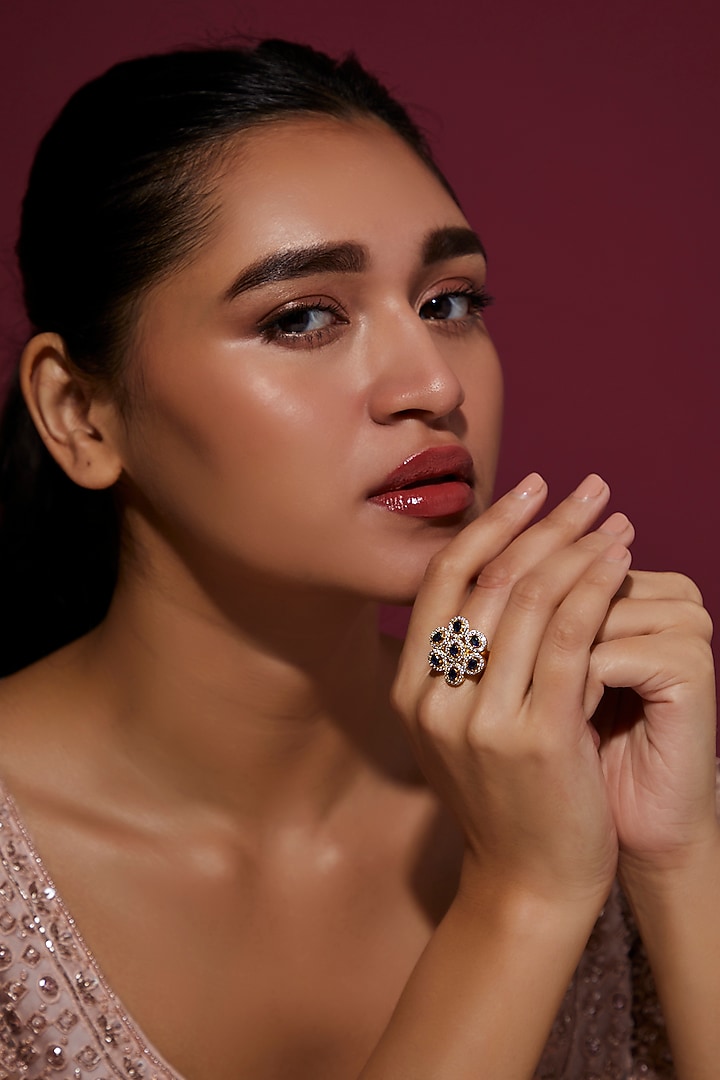 Gold Finish Zircon & Blue Stone Ring by Aster at Pernia's Pop Up Shop