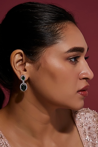 White Finish Zircon & Emerald Dangler Earrings by Aster