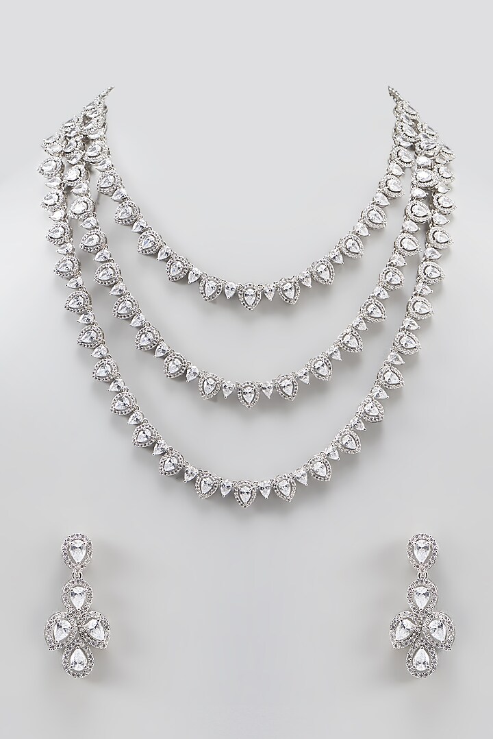 White Finish Faux Diamond Layered Necklace Set by Aster