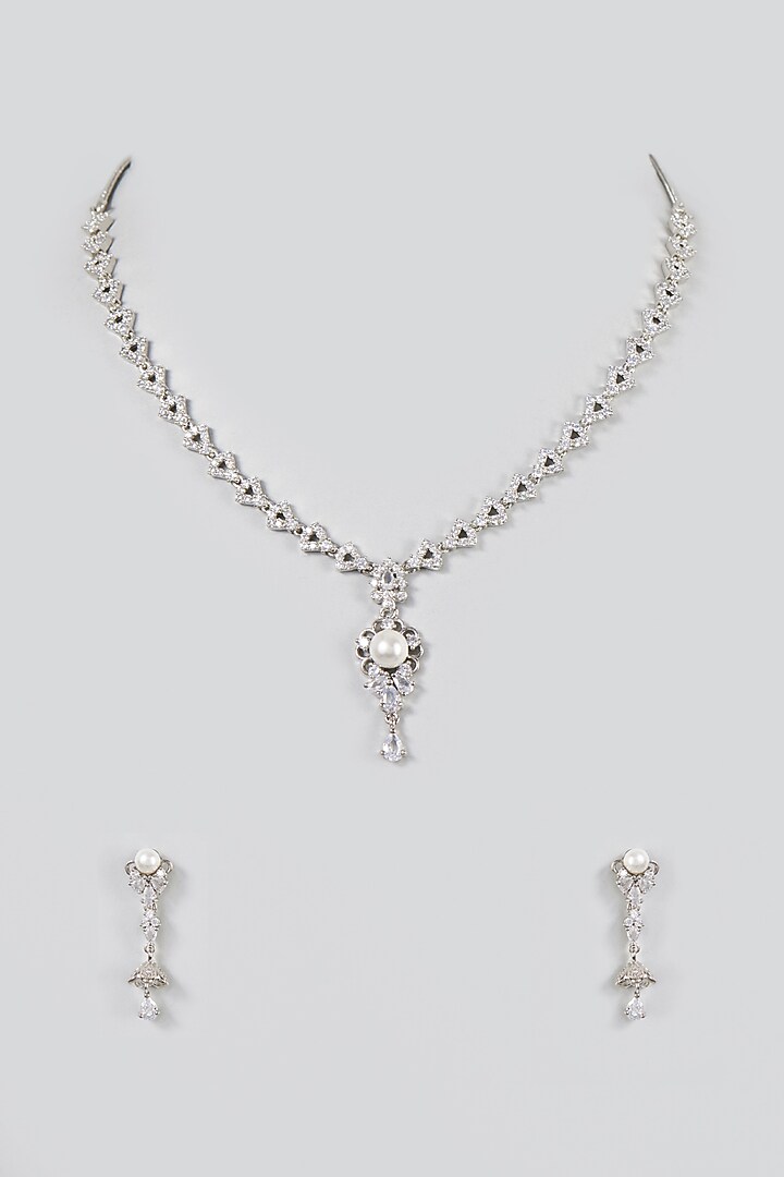 White Finish Zircon & Pearl Necklace Set by Aster at Pernia's Pop Up Shop