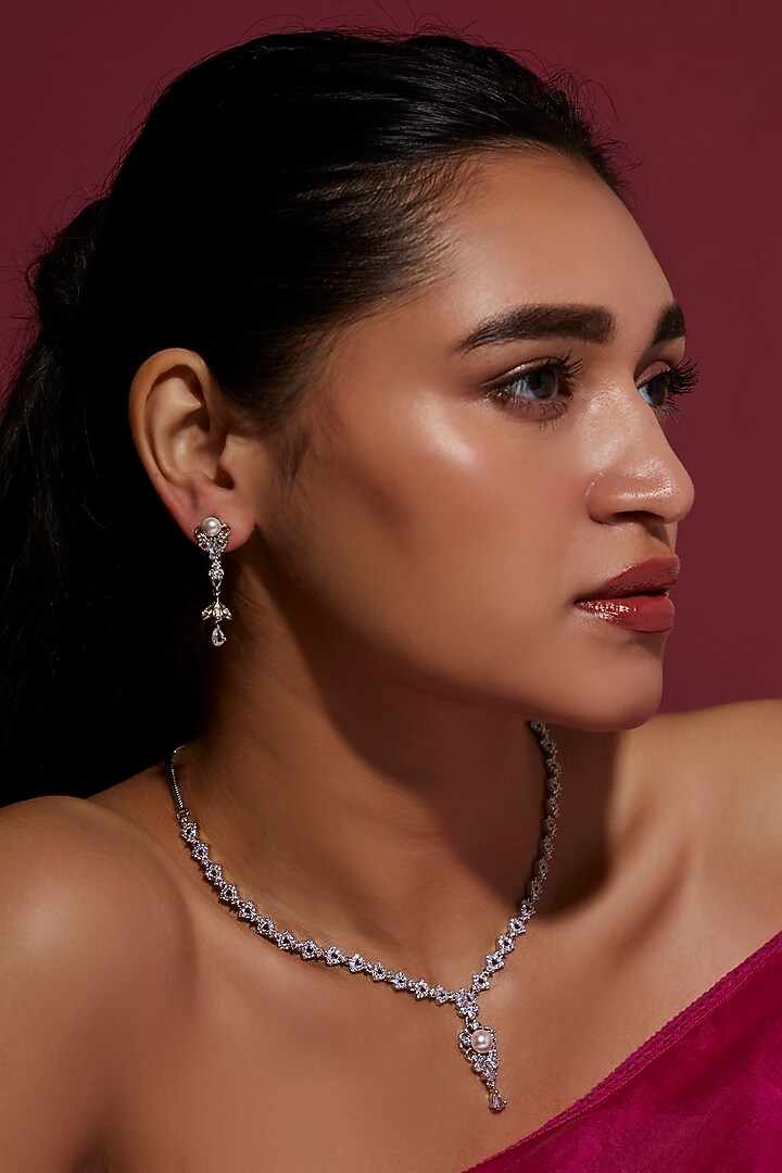 White Finish Zircon & Pearl Necklace Set by Aster at Pernia's Pop Up Shop