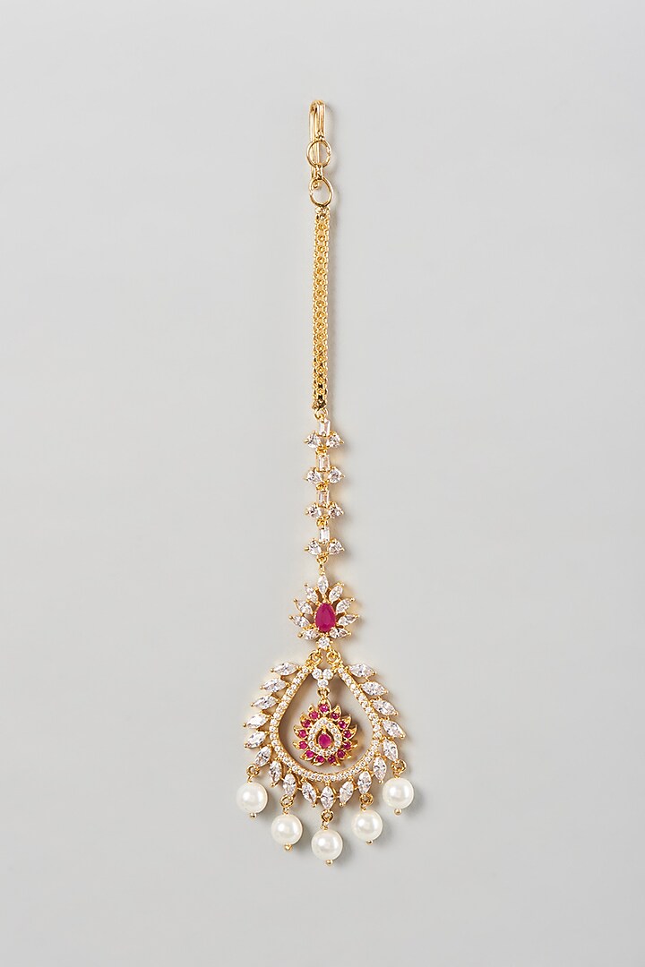 Gold Finish Zircon & Ruby Maangtikka by Aster at Pernia's Pop Up Shop