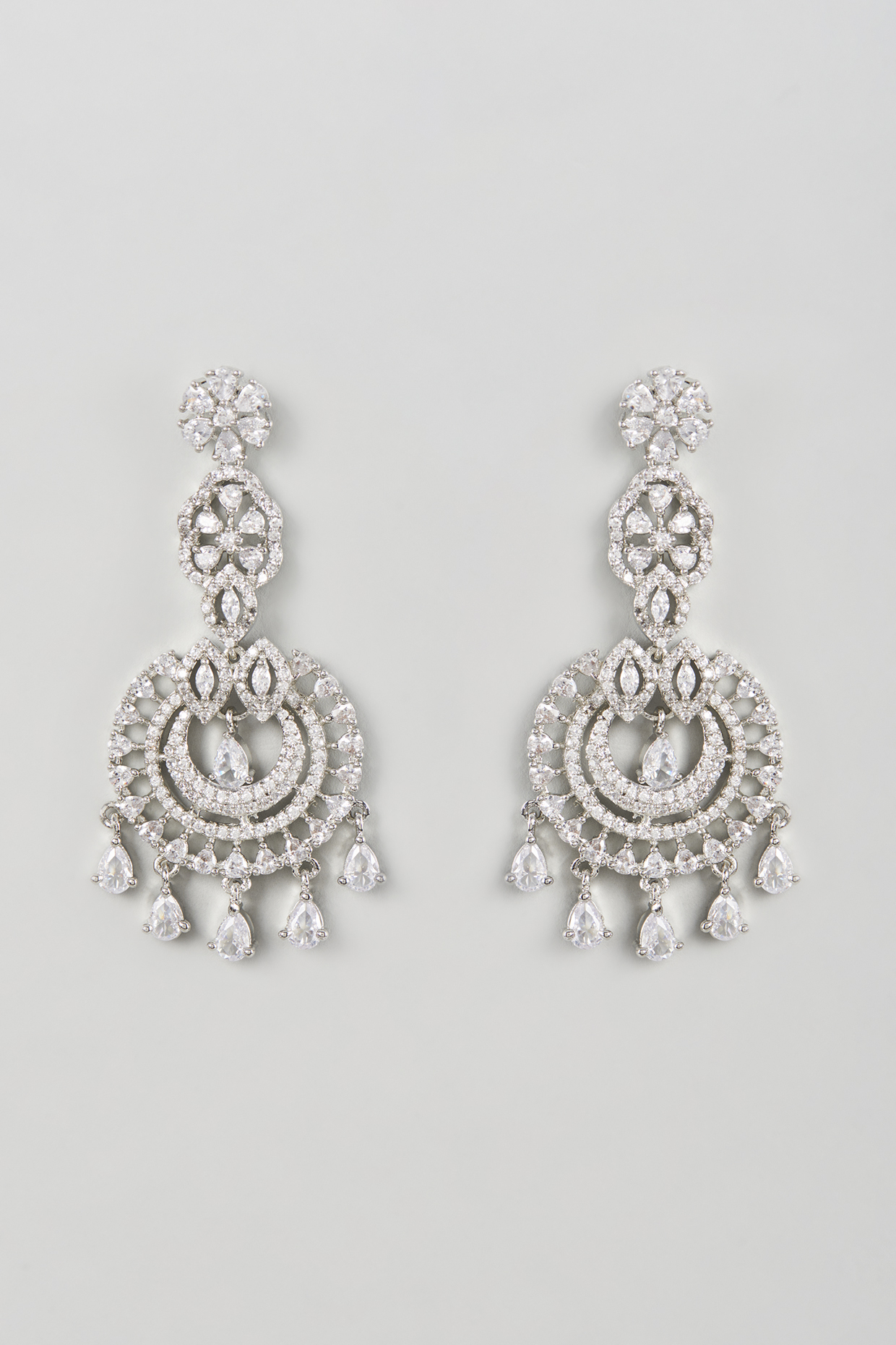 White Finish Faux Diamond & Zircon Chandbali Earrings by Aster