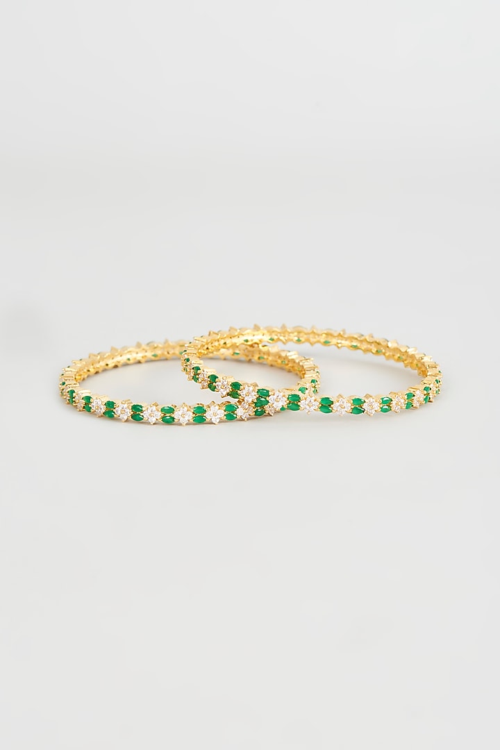 Gold Finish Emerald & Zircon Bangles (Set of 2) by Aster at Pernia's Pop Up Shop