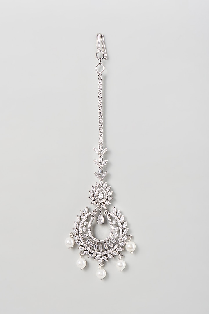White Finish Zircon & Pearl Maangtikka by Aster at Pernia's Pop Up Shop