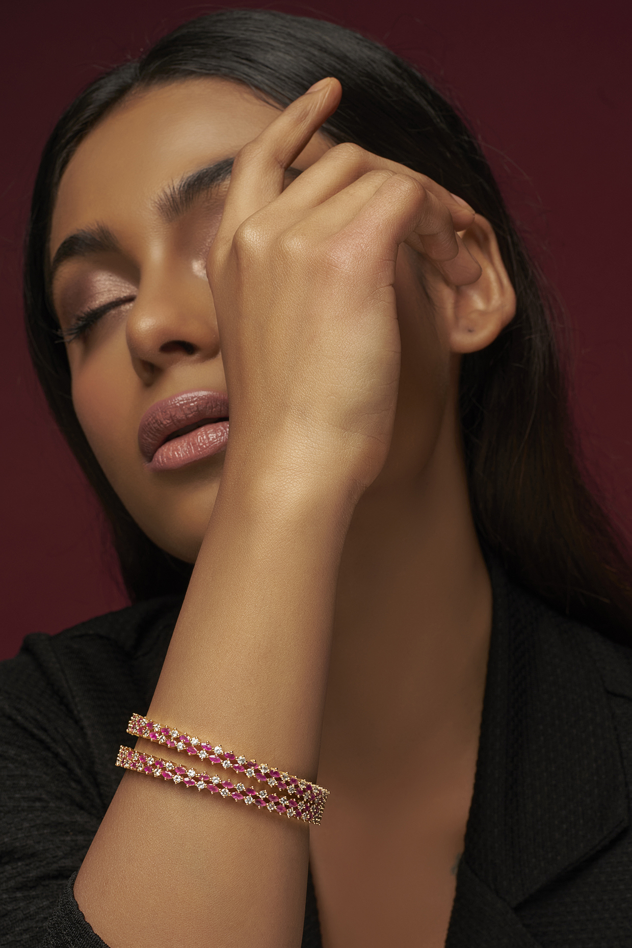 Rose Gold Finish Ruby & Zircon Bangles (Set of 2) by Aster at Pernia's Pop Up Shop