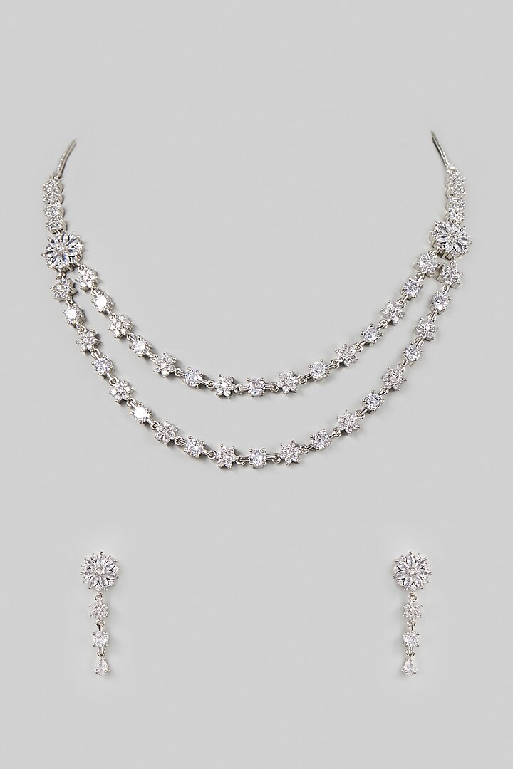 White Finish Faux Diamond Choker Necklace Set by Aster