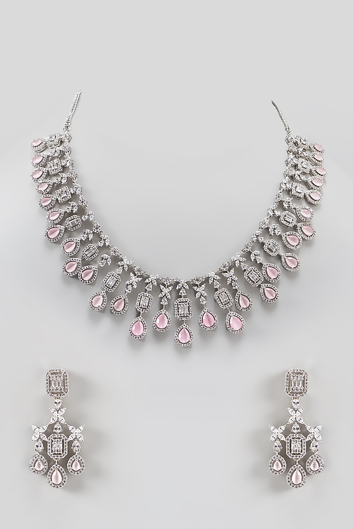 White Finish Zircon & Pink Stone Necklace Set by Aster at Pernia's Pop Up Shop