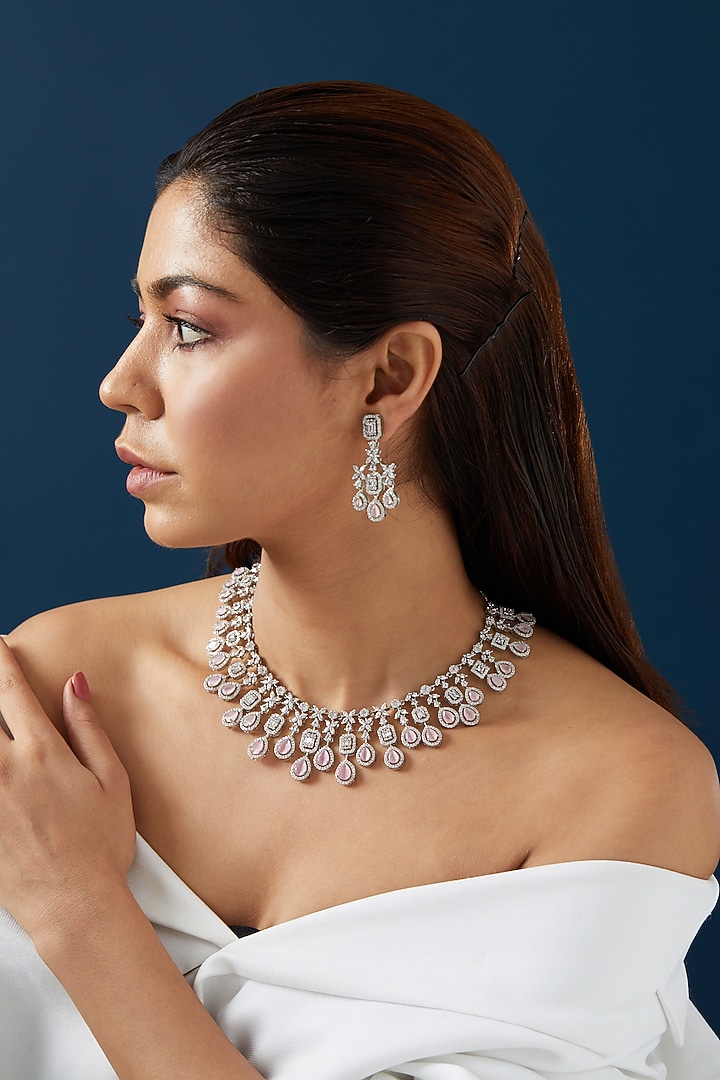 White Finish Zircon & Pink Stone Necklace Set by Aster at Pernia's Pop Up Shop