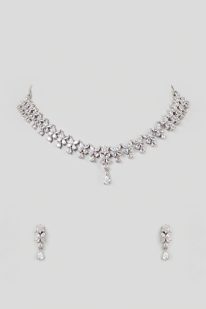 White Finish Faux Diamond & Zircon Necklace Set by Aster