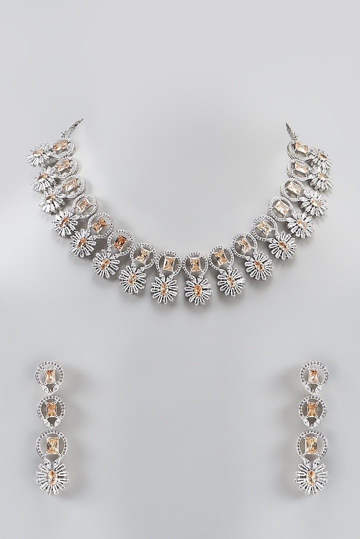 White Finish Faux Diamond Necklace Set by Aster