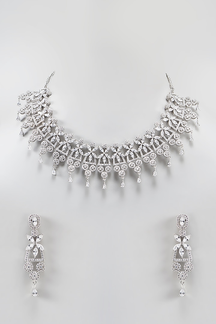 White Finish Faux Diamond Necklace Set by Aster
