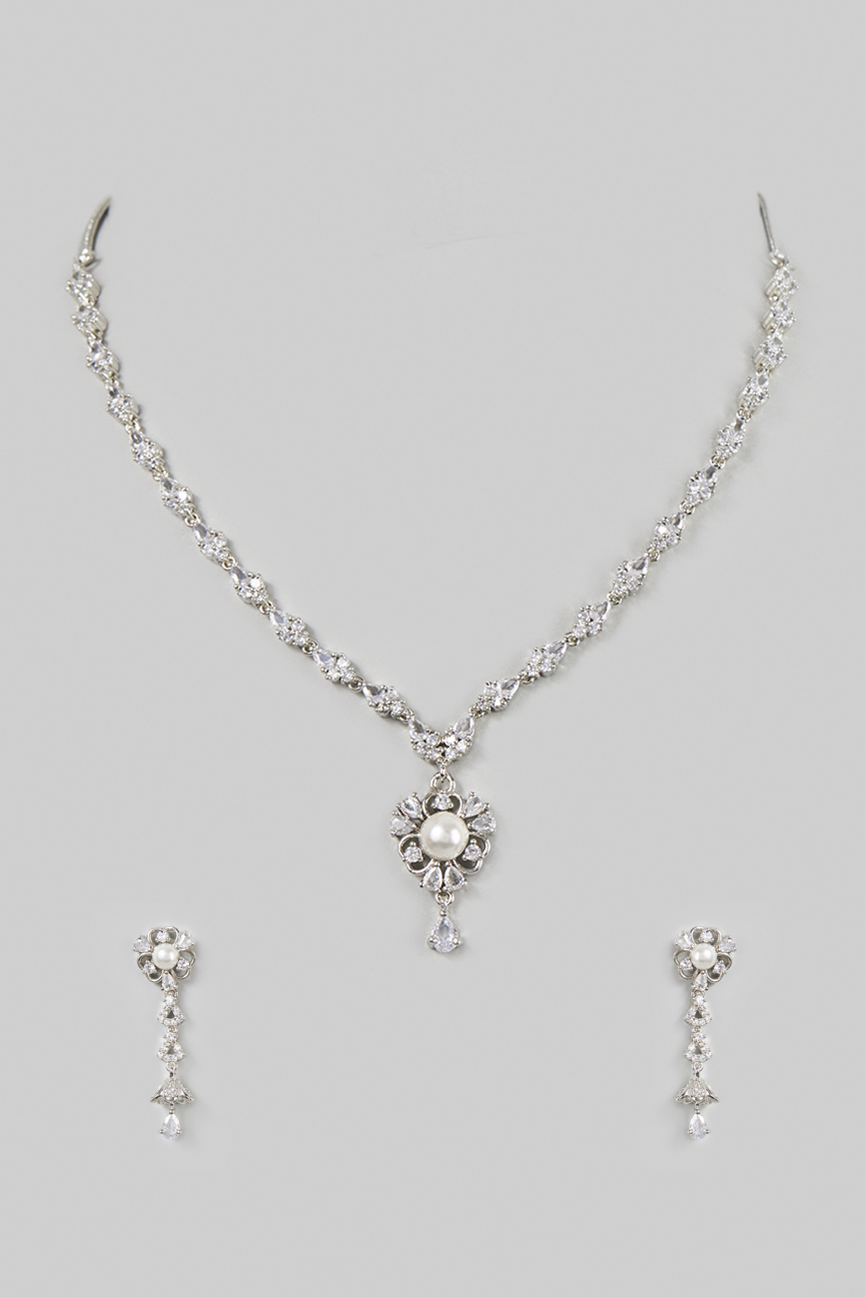 White Finish Necklace Set With Faux Diamonds by Aster
