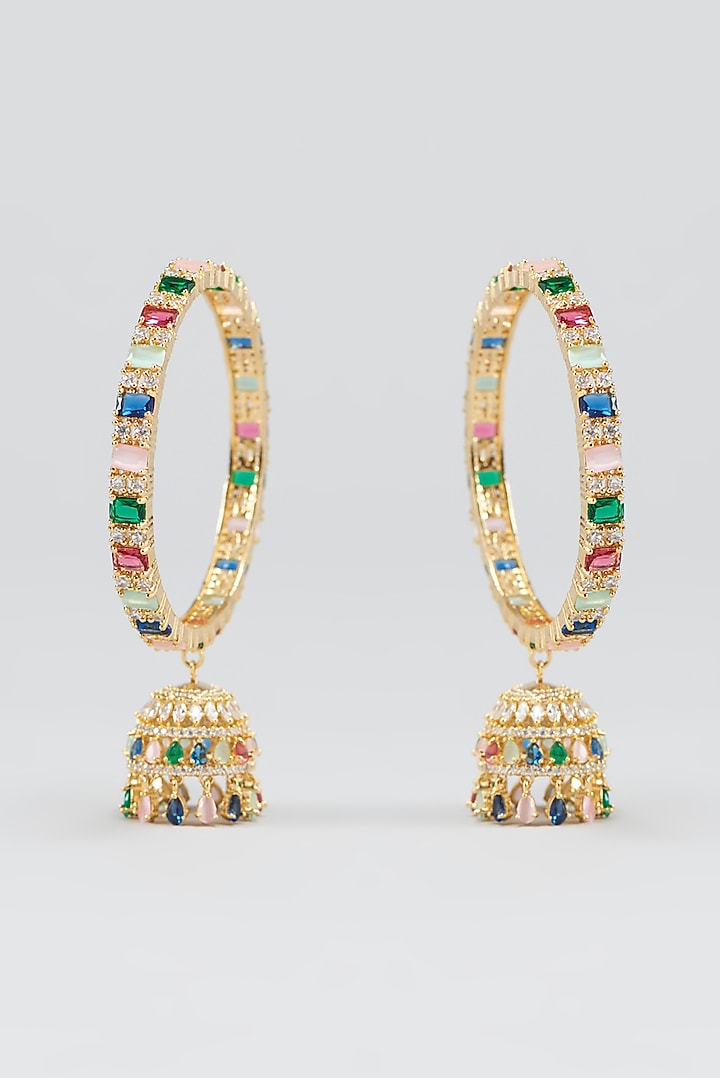 Gold Finish Multi-Colored Synthetic Stone & Zircon Bangles (Set of 2) by Aster at Pernia's Pop Up Shop
