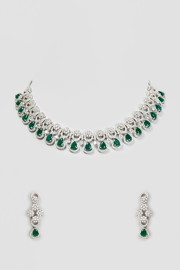 White Finish Zircon & Synthetic Emerald Necklace Set by Aster at Pernia's Pop Up Shop