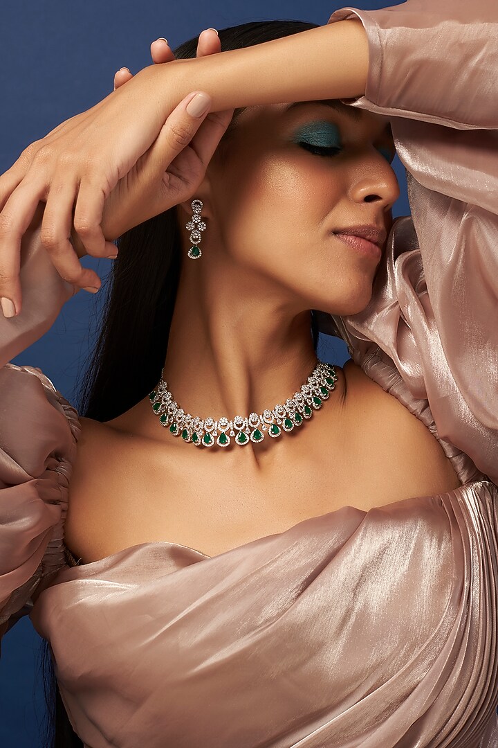 White Finish Zircon & Synthetic Emerald Necklace Set by Aster at Pernia's Pop Up Shop